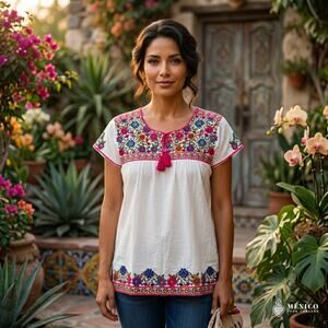 Mexican Embroidered Blouse – Handmade Floral design EXTRA LARGE